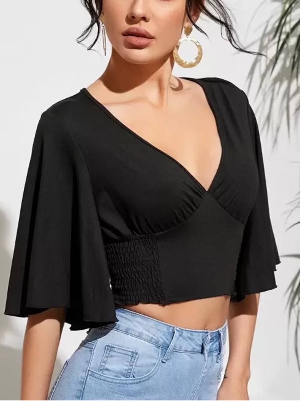 SHEIN Black V-Neck Cropped Smocked Waist Top medium